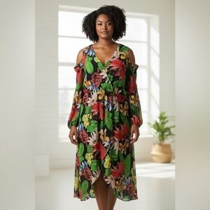New York & Company Floral Asymmetrical Dress - Red, Green, Yellow